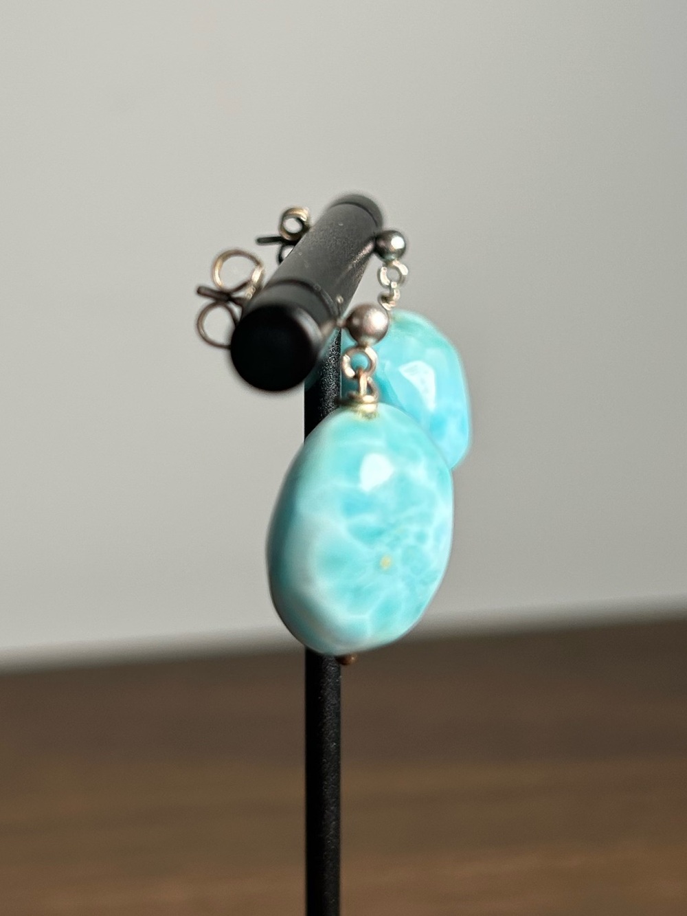 Handmade Larimar Dangle Earrings Artisan Dominican Republic - Picture 2 of 4